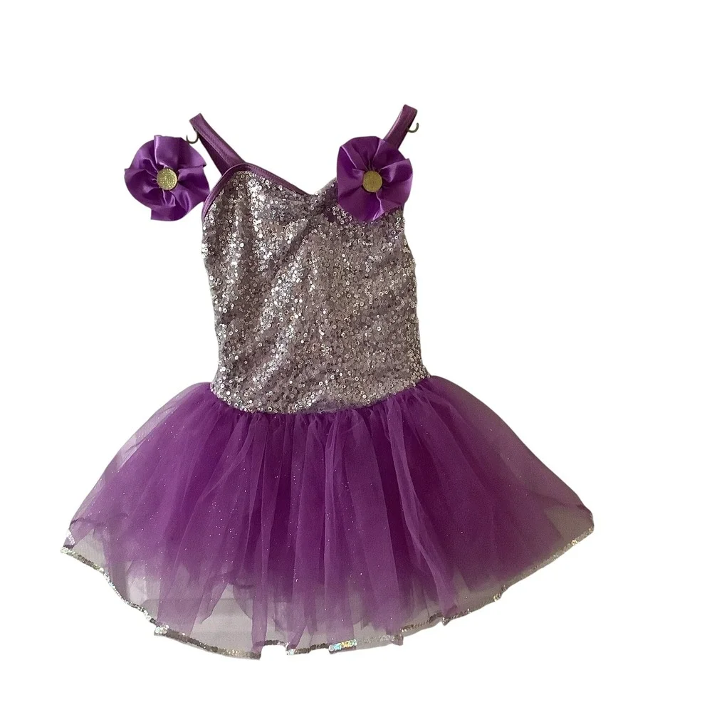 Weissman Purple Sequin Tutu Dance Leotard Dress Kids IC with Hair Clip